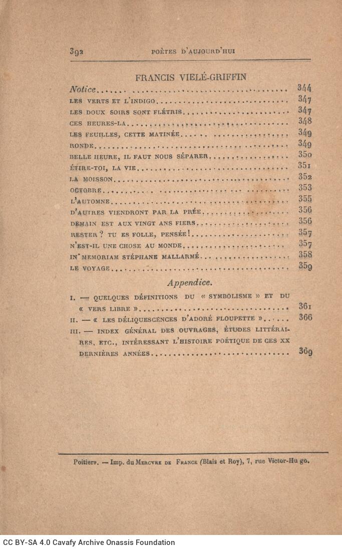 18,5 x 12 εκ. 6 σ. χ.α. + 392 σ. + 2 χ.α., όπου στη ράχη η τιμή του βιβλίου “3 fr. 50”.